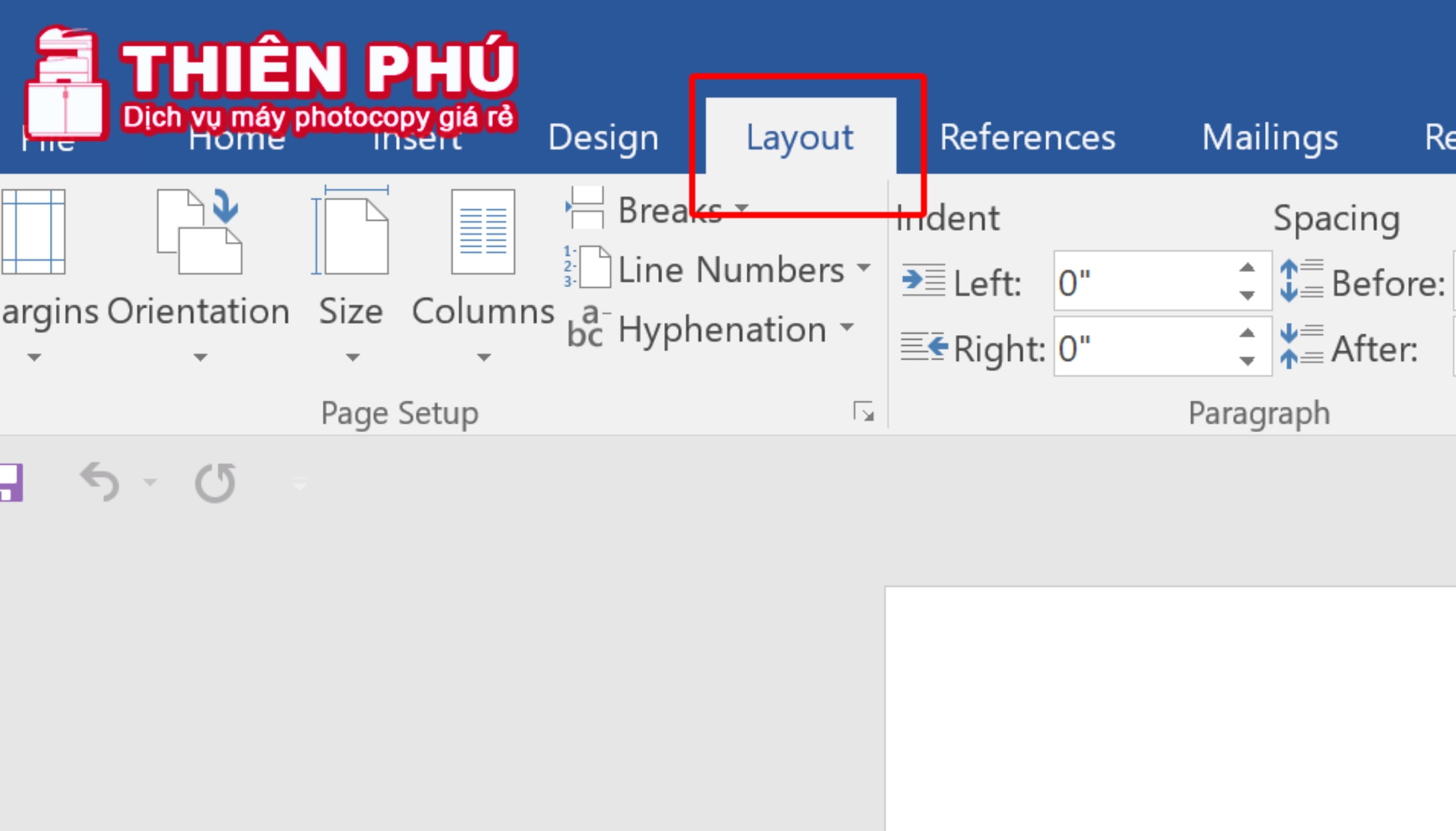 Chọn mục Layout trong file word