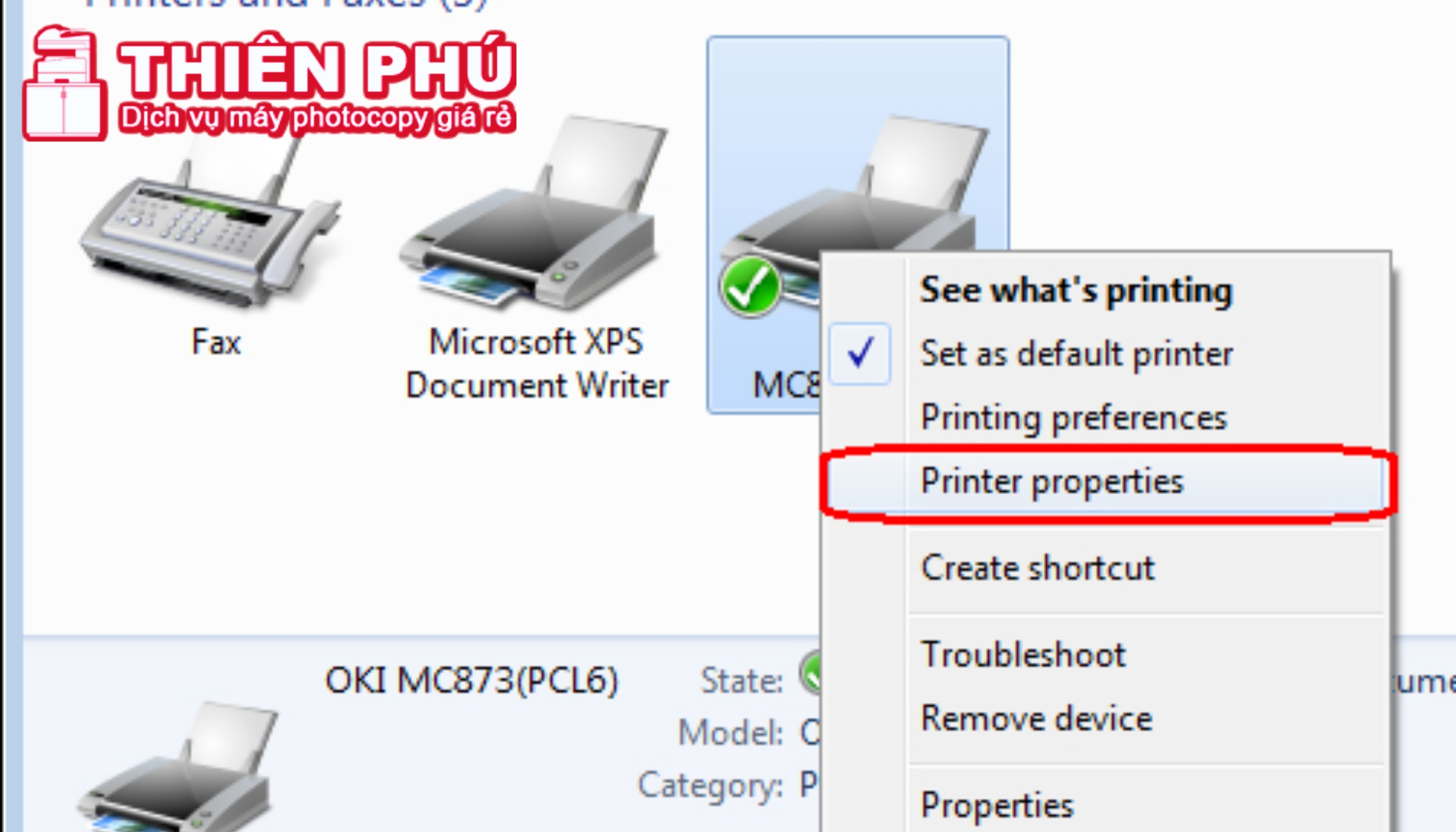 Chọn printer properties trong devices and printers