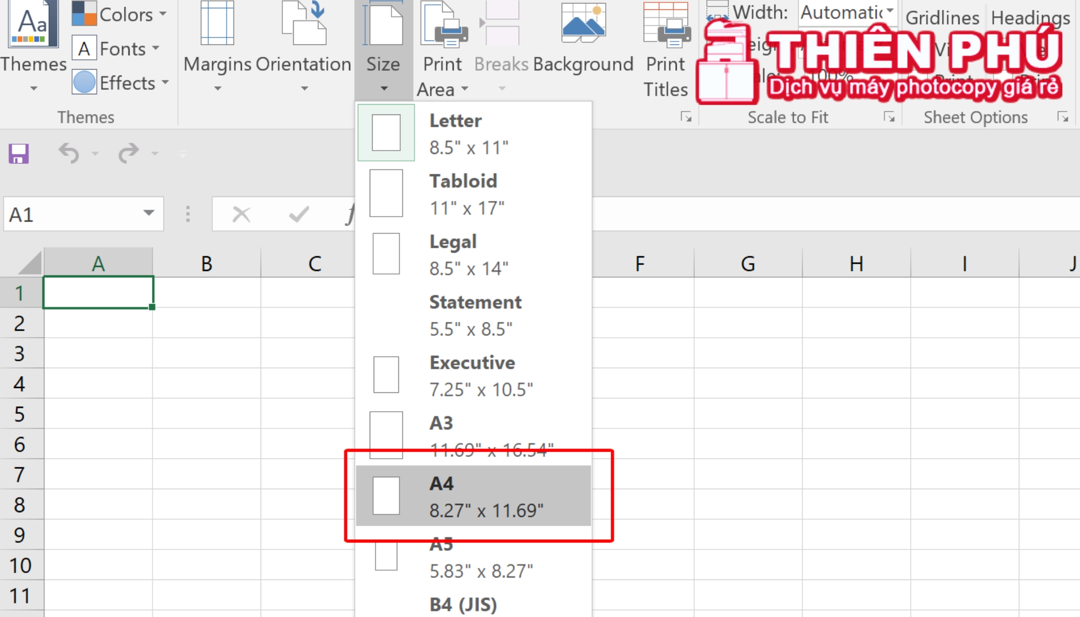 Chọn size giấy A4 trên Excel