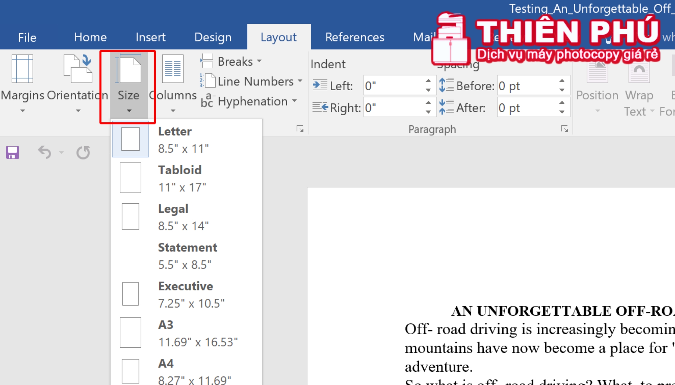 Chọn size trong pagesetup của Word