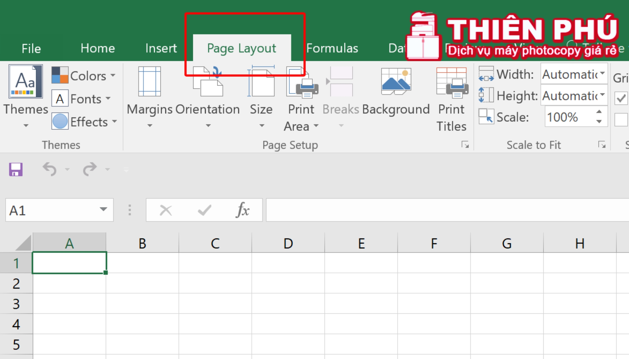 Lựa chọn tab page layout trên excel